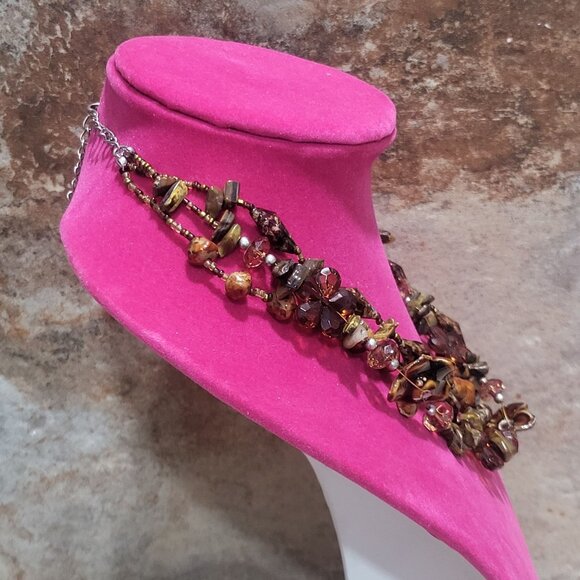 Multi Strand Beaded Necklace Brown Amber Bronze Beads - Picture 7 of 10